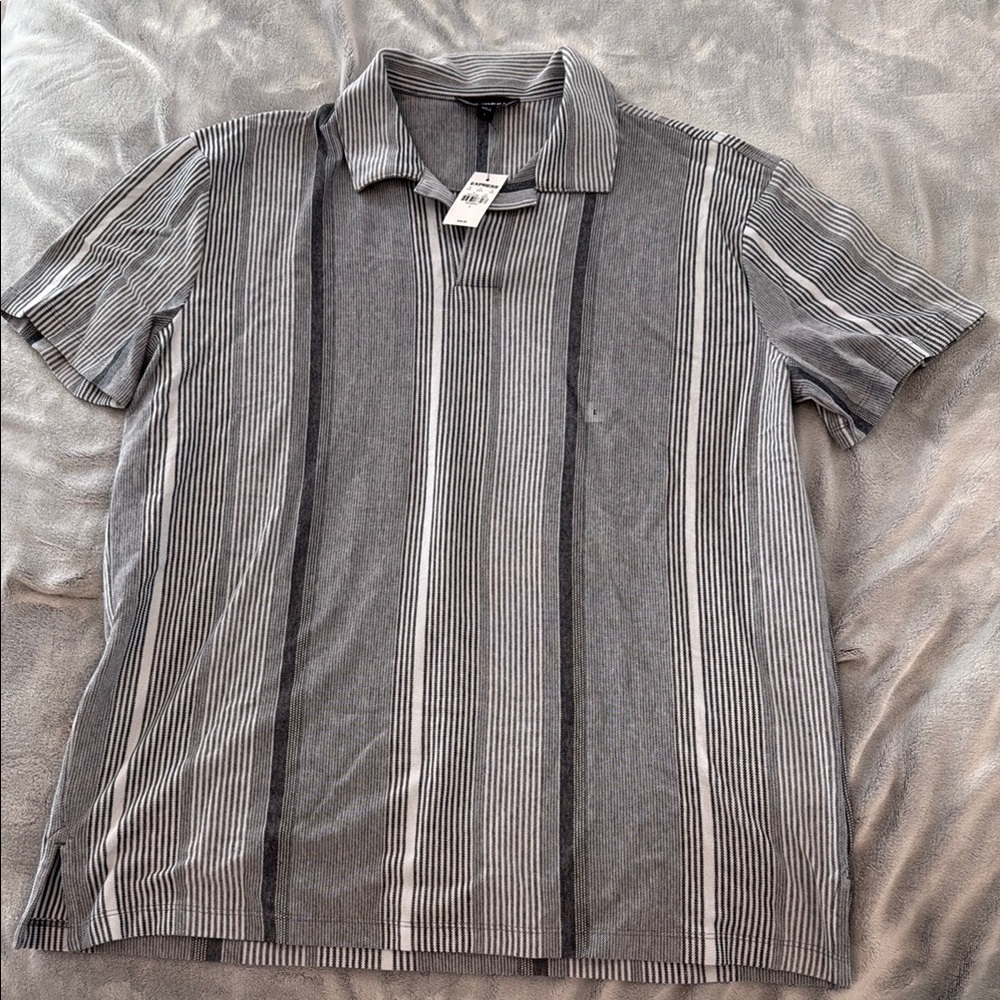 Express Men's Black and Gray Striped Button Down Shirt